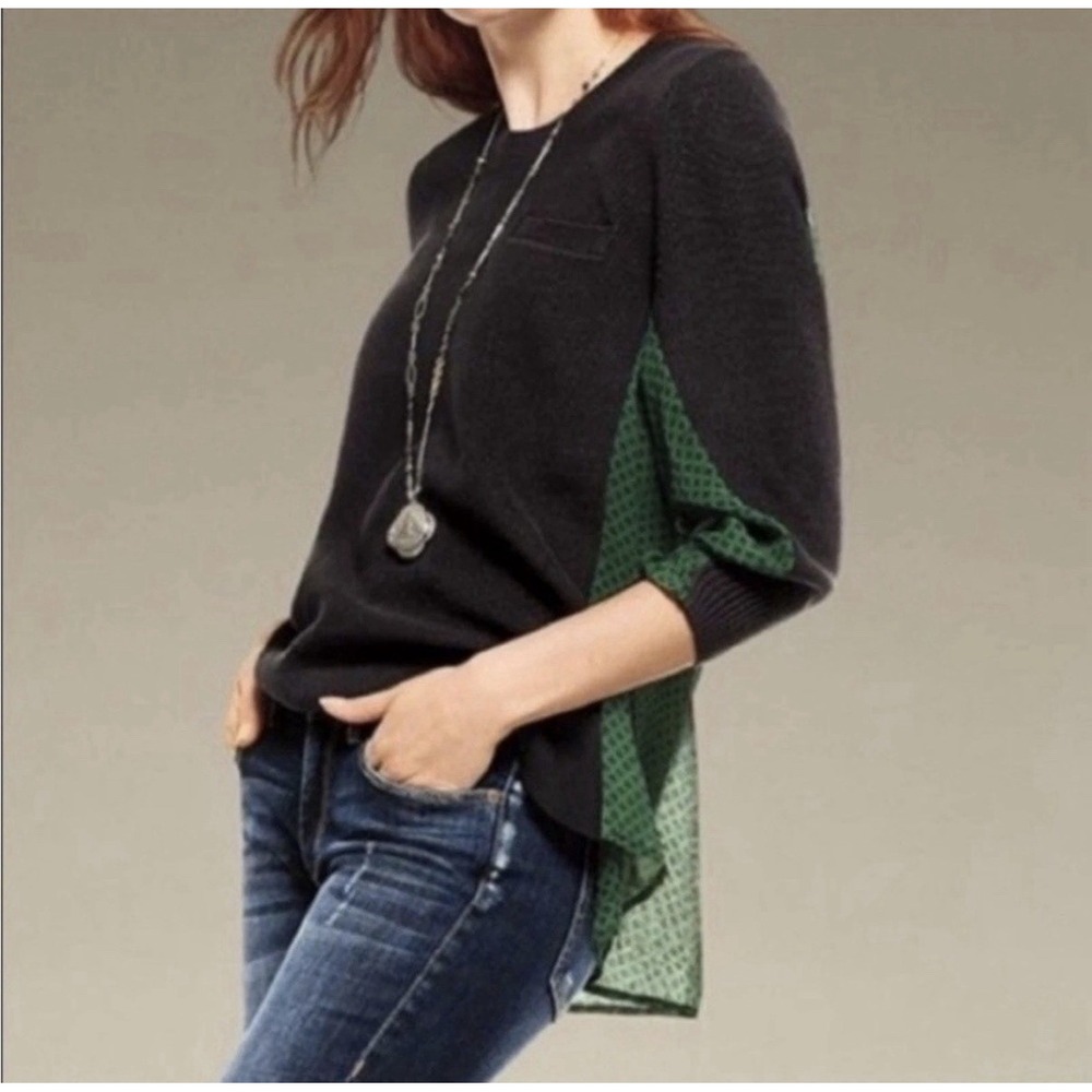 Cabi Get Together Black Knit Green Geometric Print Chiffon Sweater Top Medium